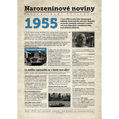 Narozeninové noviny 1955 s vlastním textem a fotografií