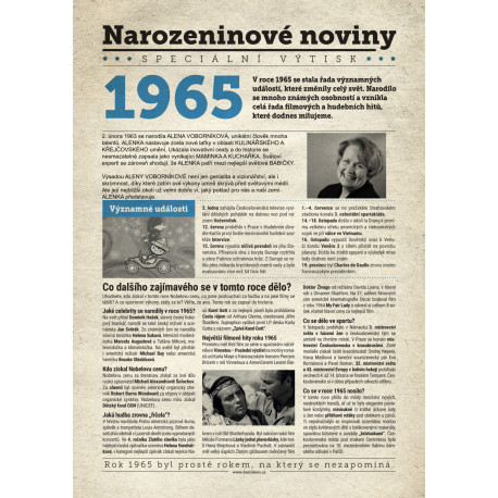 Narozeninové noviny 1965 s vlastním textem a fotografií