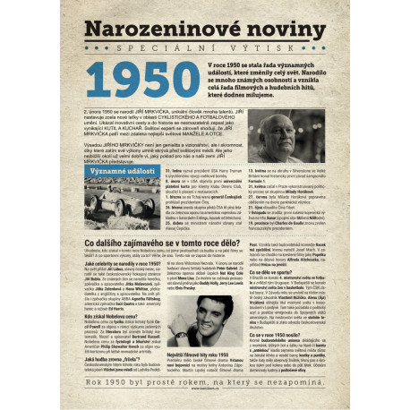 Narozeninové noviny 1950 s vlastním textem a fotografií