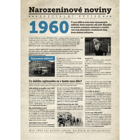 Narozeninové noviny 1960 s vlastním textem a fotografií