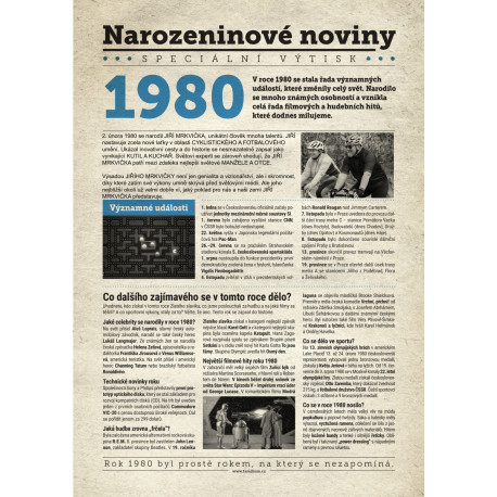 Narozeninové noviny 1980 s vlastním textem a fotografií