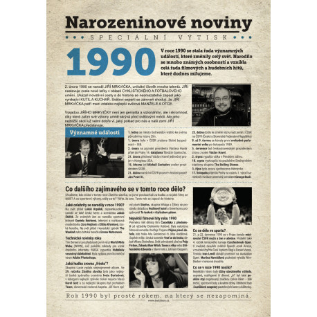 Narozeninové noviny 1990 s vlastním textem a fotografií