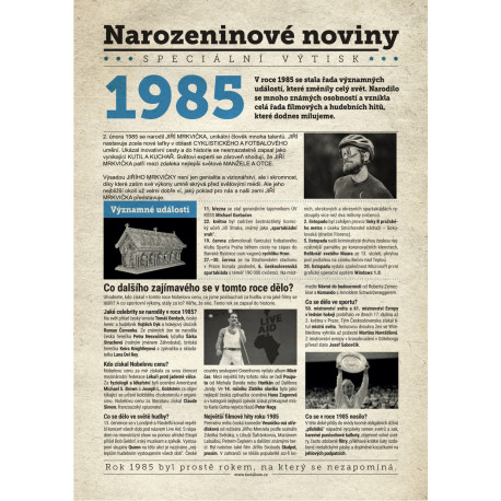 Narozeninové noviny 1985 s vlastním textem a fotografií