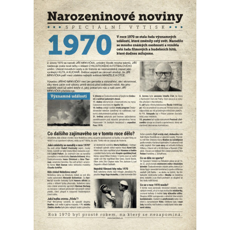 Narozeninové noviny 1970 s vlastním textem a fotografií